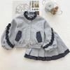 Girls' Academy Style Striped Ruffle Jacket & Plaid Pleated Skirt Set