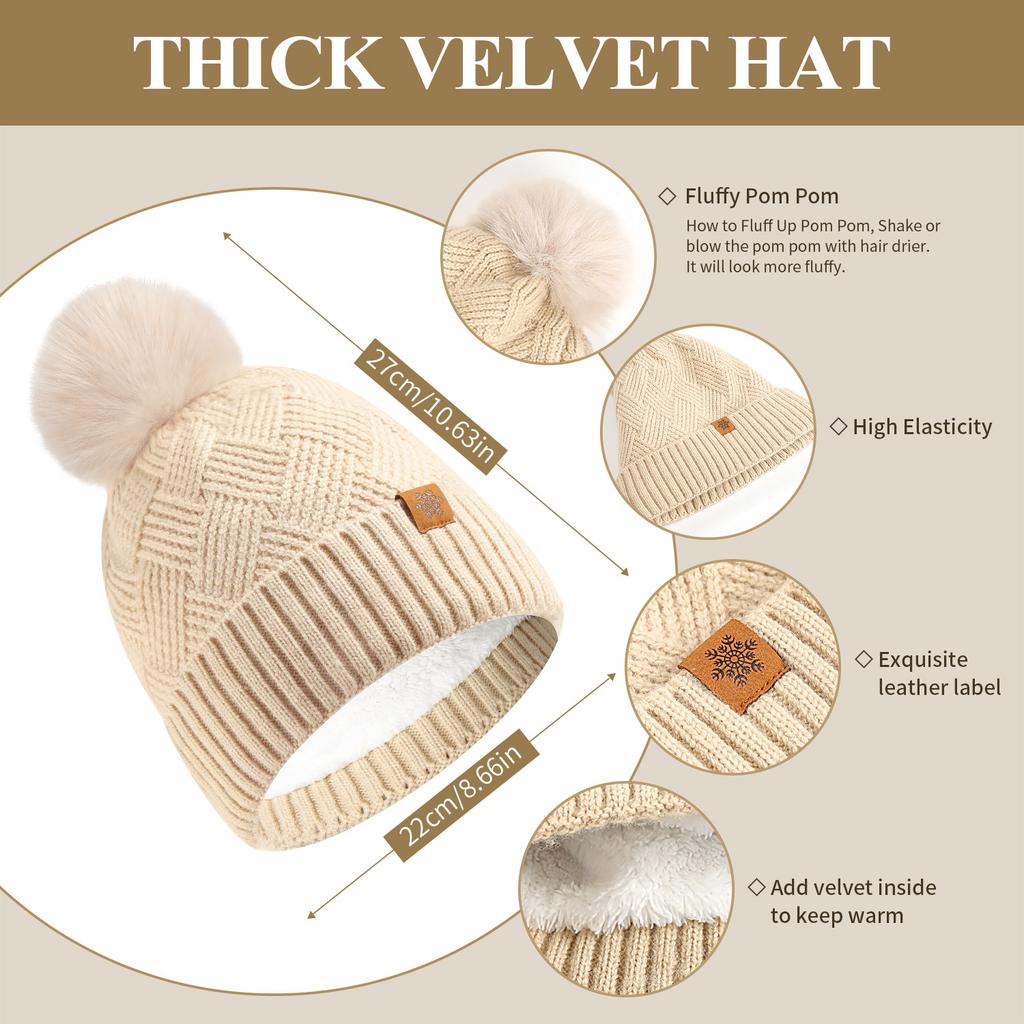 Knitted Hat, Scarf and Gloves Three-piece Set for Women, Autumn and Winter Outdoor Warm Double-layer Wool Knitted Hat