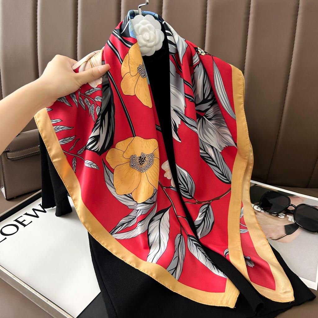 Silk Neckerchief: 90x90 Large Chic Square Scarf for Women - Perfect for Spring, Autumn, Winter Fashion