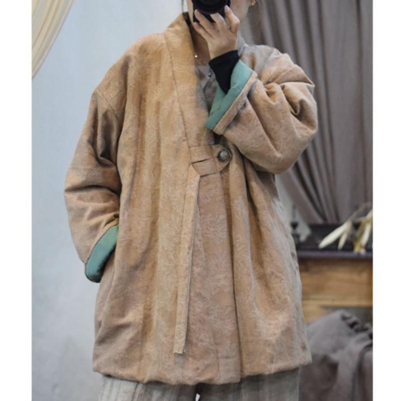 Johnature Damen Vintage V-Ausschnitt Langarm Jacquard Mäntel Winter Chinesischer Stil Warme Mäntel