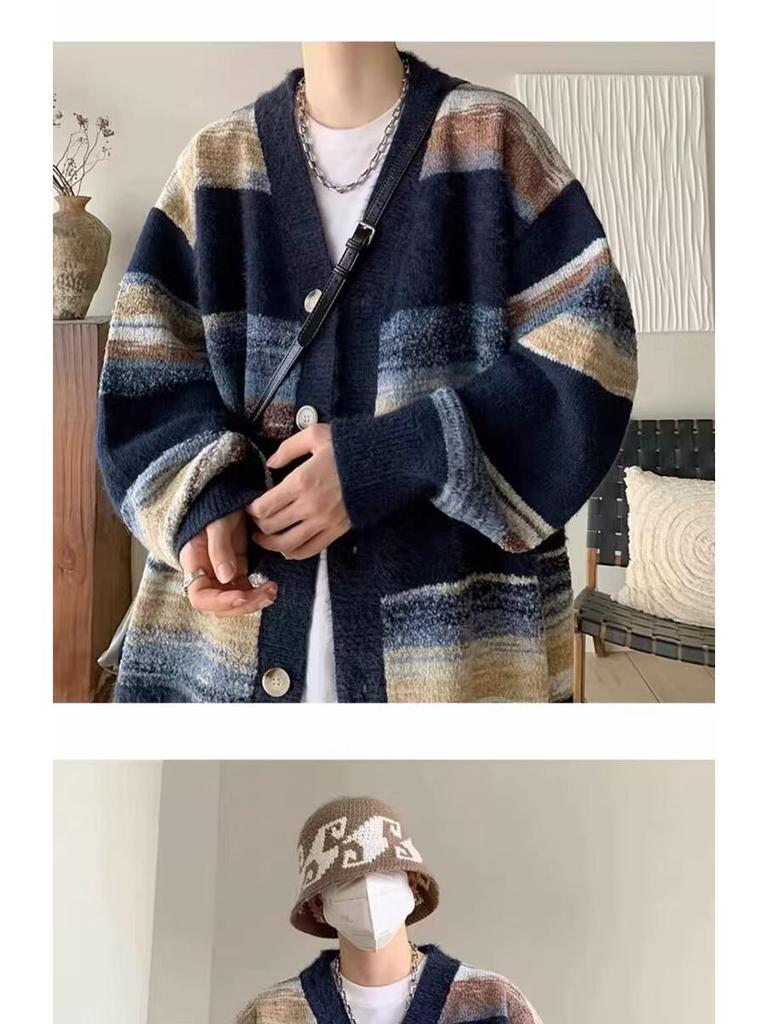 Cardigan Tricotat pentru Bărbați Retro cu Dungi și Blocuri de Culoare - Jachetă Tricotată de Toamnă/Iarnă pentru un Aspect Confortabil și Elegant