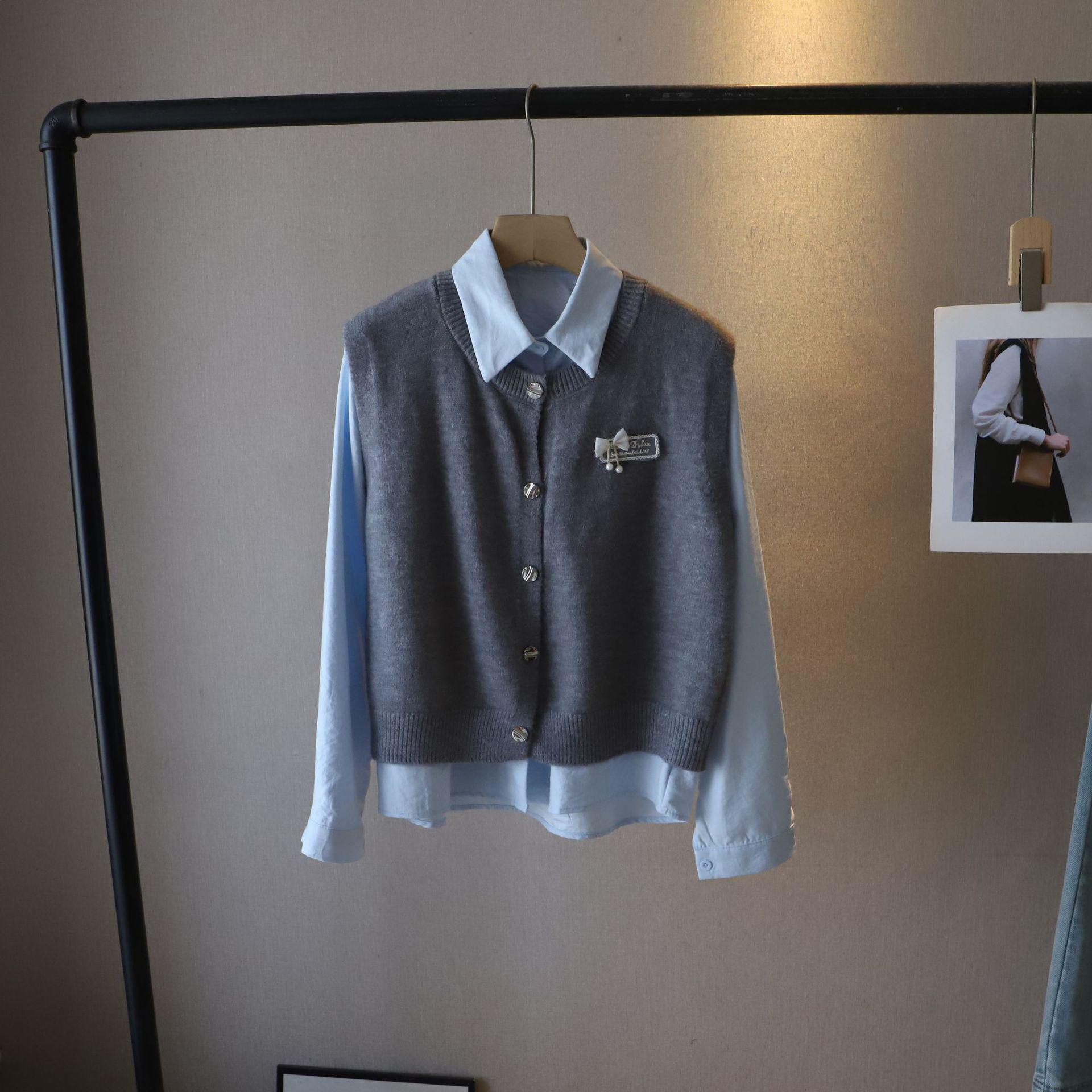 

2025 Новый корейский стиль бант вязаный жилет и рубашка с длинным рукавом комплект для женщин One Size серый/синий