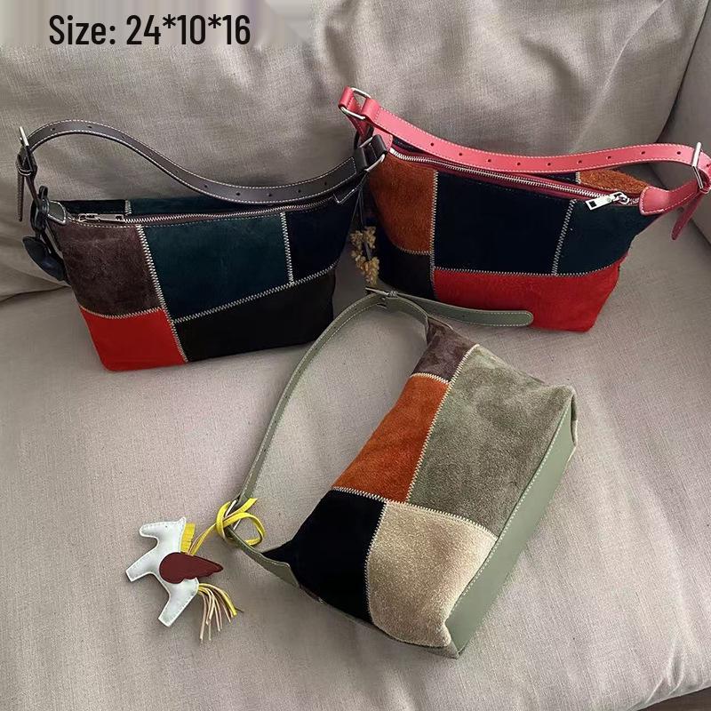 Vintage Frosted Cowhide Color Block Hobo Bag: Stylish High-End Handbag and Casual Crossbody Tote.