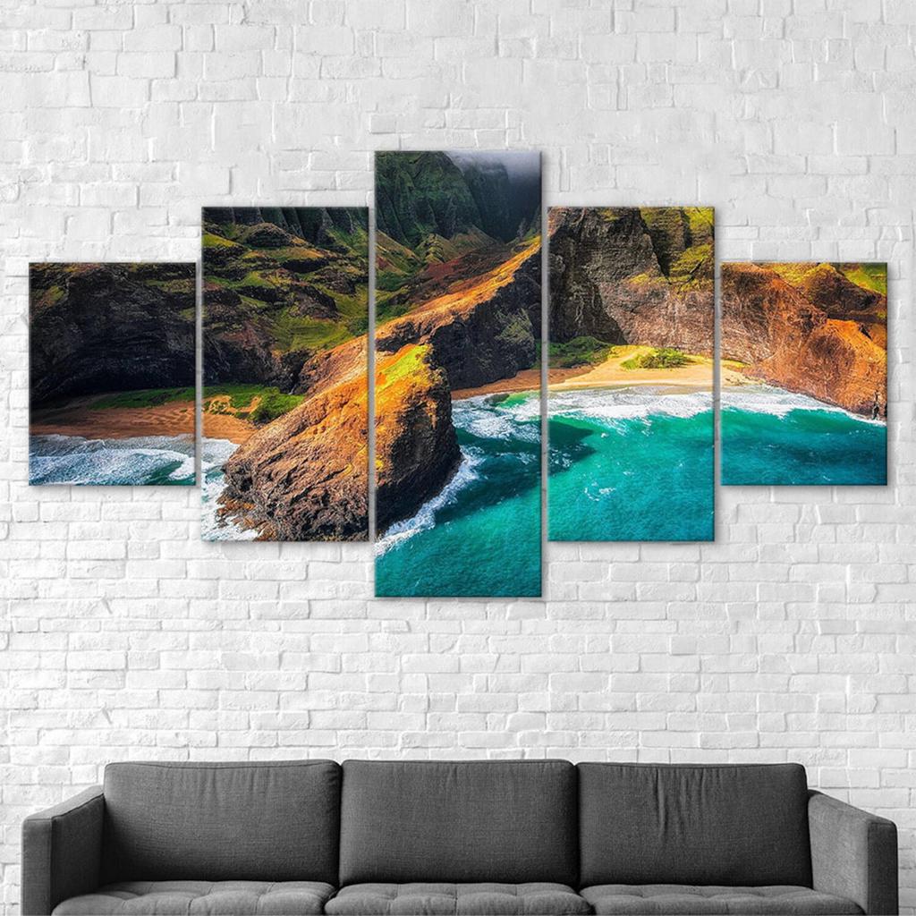 Hawaii Kauai Beach Cliff Scenery 5 Piece Five Panel Wall Canvas Print Modern Art Poster Picture Home Decor Gift For Him For Her