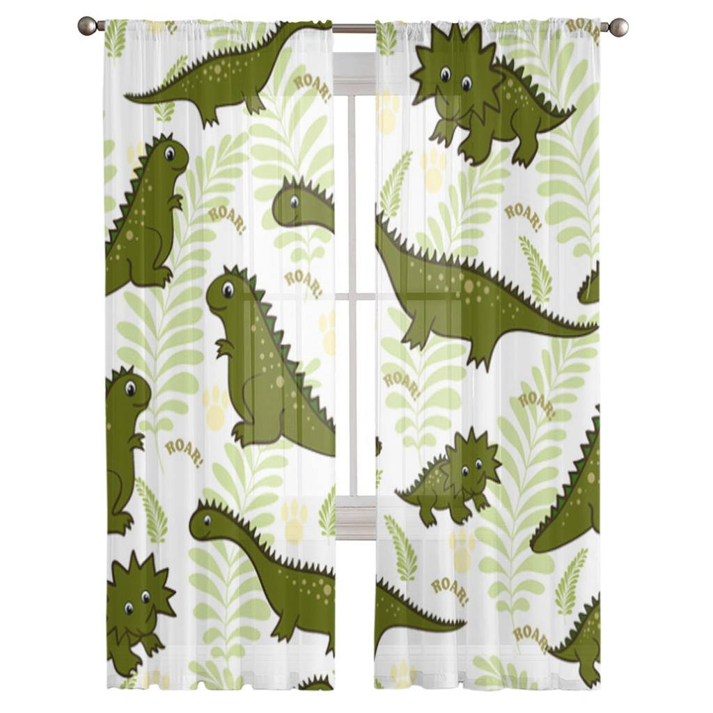 Dinosaur Green Plant Cartoon Sheer Curtains for Living Room Transparent Tulle Window Curtain Bedroom Kitchen Decor Veil Drapes