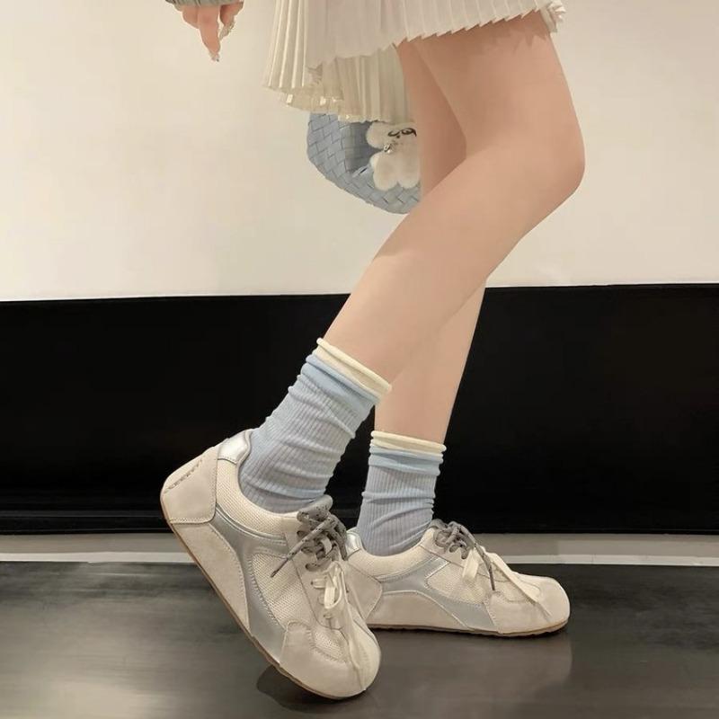 Fashion Spring New Casual Sports Shoes Women's Fashion Round Head Splicing Mesh Fabric Front Strap Soft Sole Non-slip Shoes