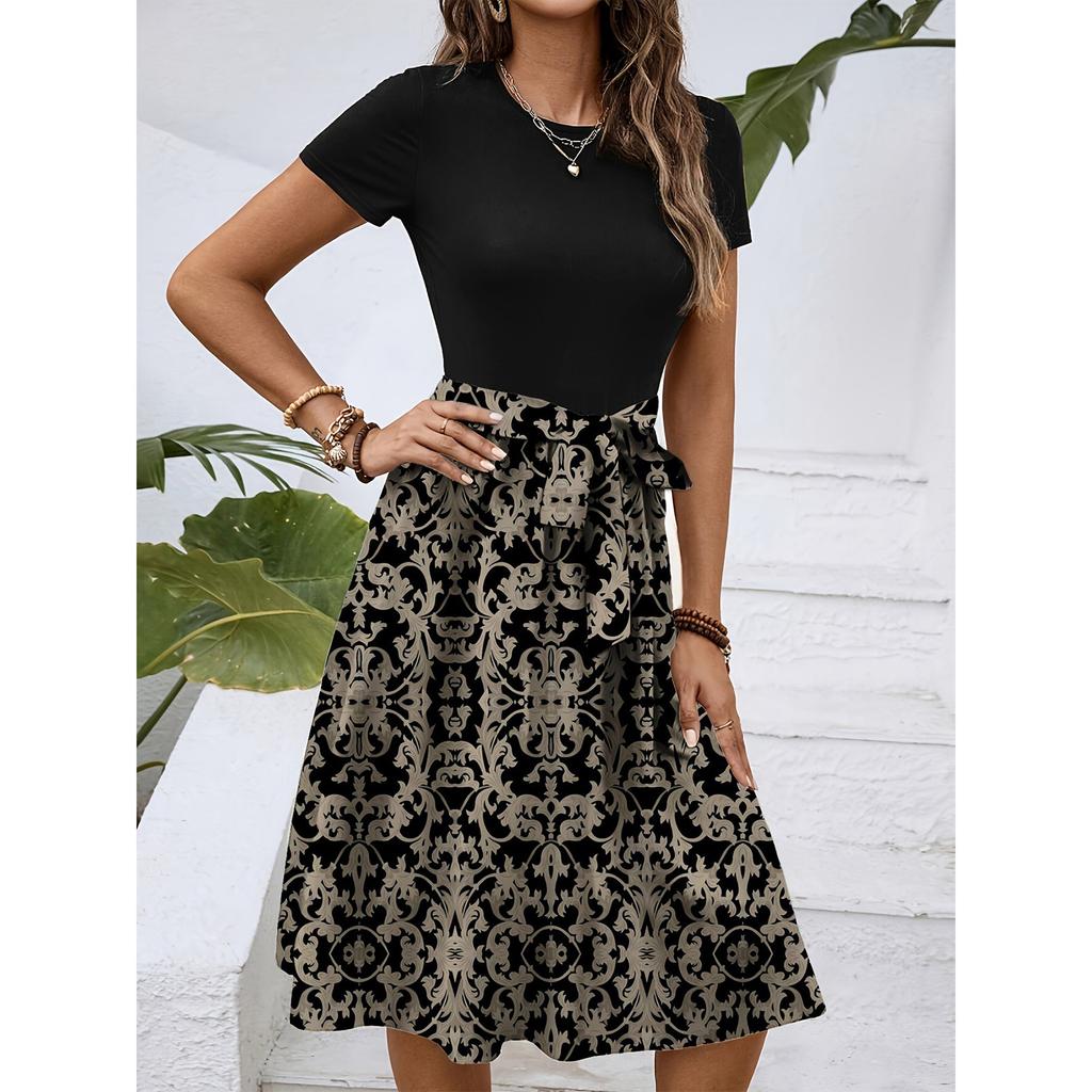 Kadın Modası Şık Retro Desenli Baskı Renk Bloklu Kemerli Günlük Elbise