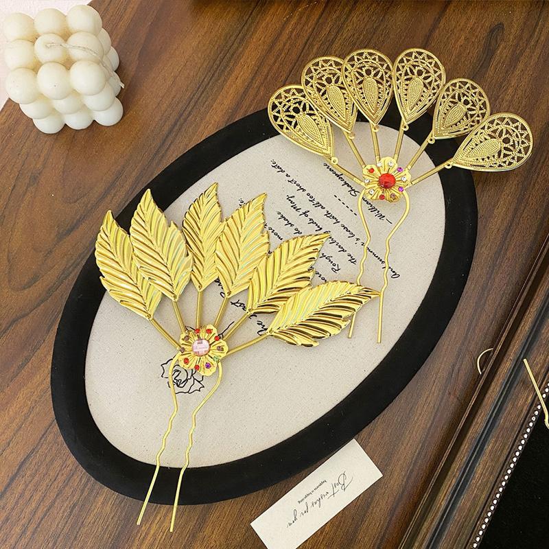 1PC Headwear Headdress Vintage Flower Rhinestone Hair Accessories Hairpin Ethnic Thai Hair Sticks Metal Leaves U-shaped