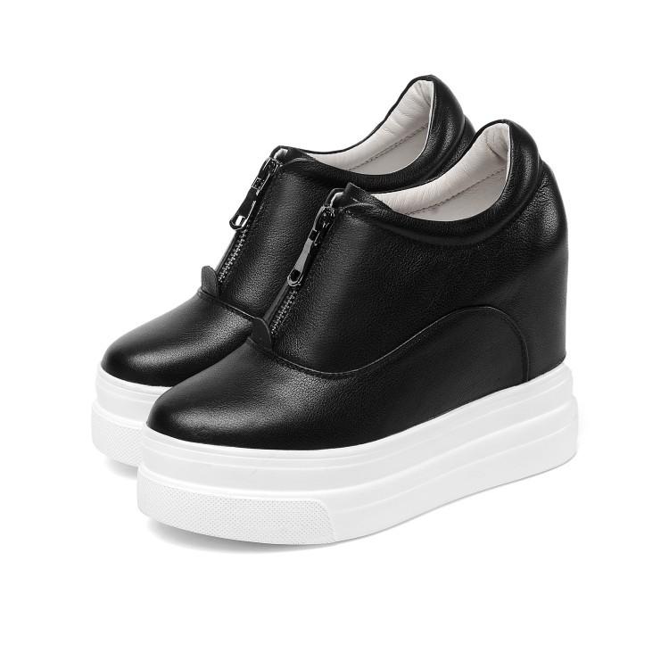 Platform white shoes women's 2025 new inner height-increasing women's shoes front zipper wedge heel leather single shoes spring and autumn versatil