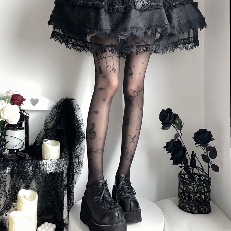 Musical Note Black Stockings Symbol Print Lolita Tights Women Hosiery Sweet High Y2K Girls Stocking Tights Club Party Pantyhose