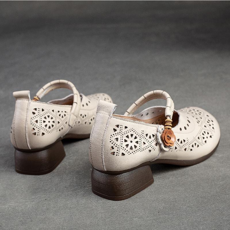 Hohle, atmungsaktive Damen-Sandalen, echtes Leder, Retro-Med-Heels, Pumps, bequeme Schuhe mit runder Zehenpartie