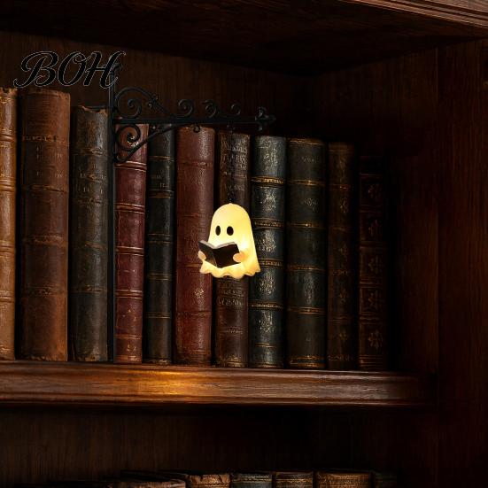 Warm Light Book Lamp Ghost Bookshelf Night Light, Reading Lantern with Sliding Insert Board, Decorative Desk Vintage Iron Cozy Decor for Home