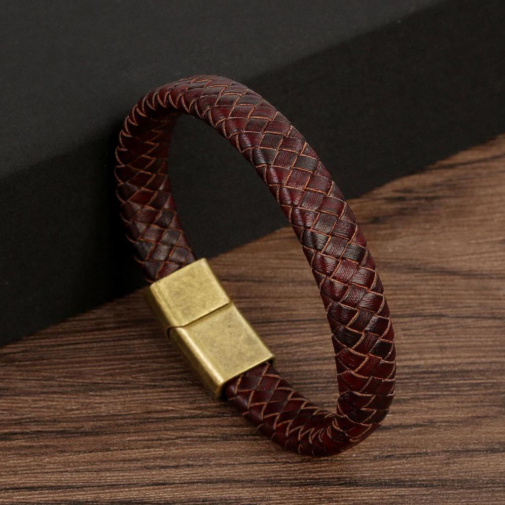 Men's Genuine Leather Woven Bracelet with Alloy Magnetic Buckle