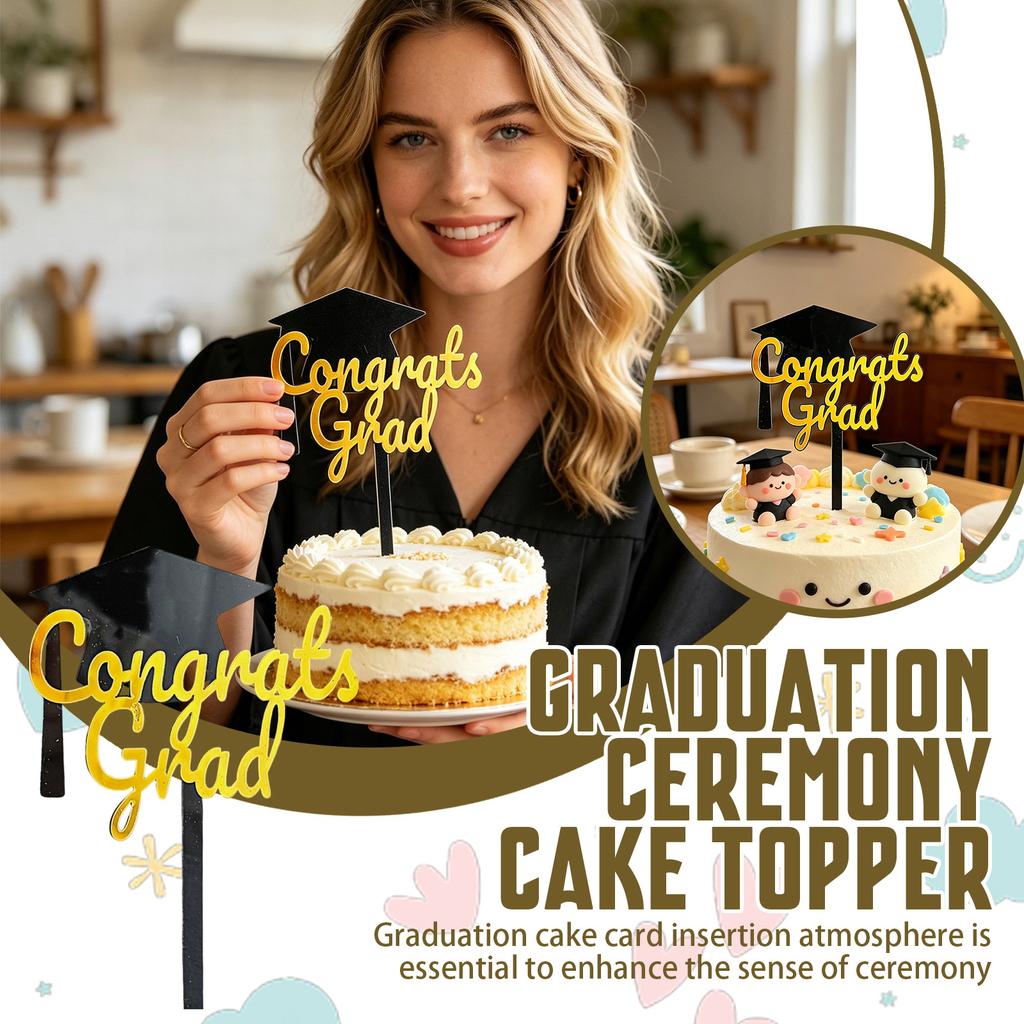 Big Graduation Cap Black And Gold Double-layer Congrats Grad Cake Decoration
