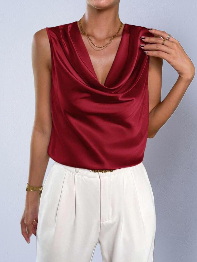 European & American Style Women's Satin Silk Sleeveless Pleated Top for Autumn
