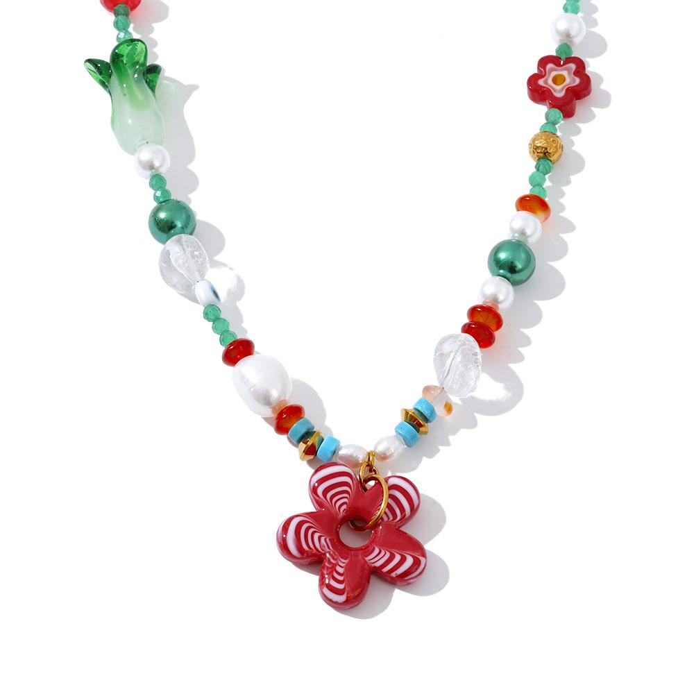 

Yhpup Y2K Handmade Jewelry Simulated Pearls Glass Beads Chain Ceramic Flower Necklace Pendant Sweet Cute Fashion Accessories