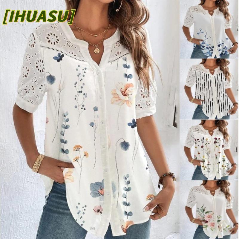 IHUASU Women's Fashion Casual Short Sleeve V Neck Blouses & Shirts