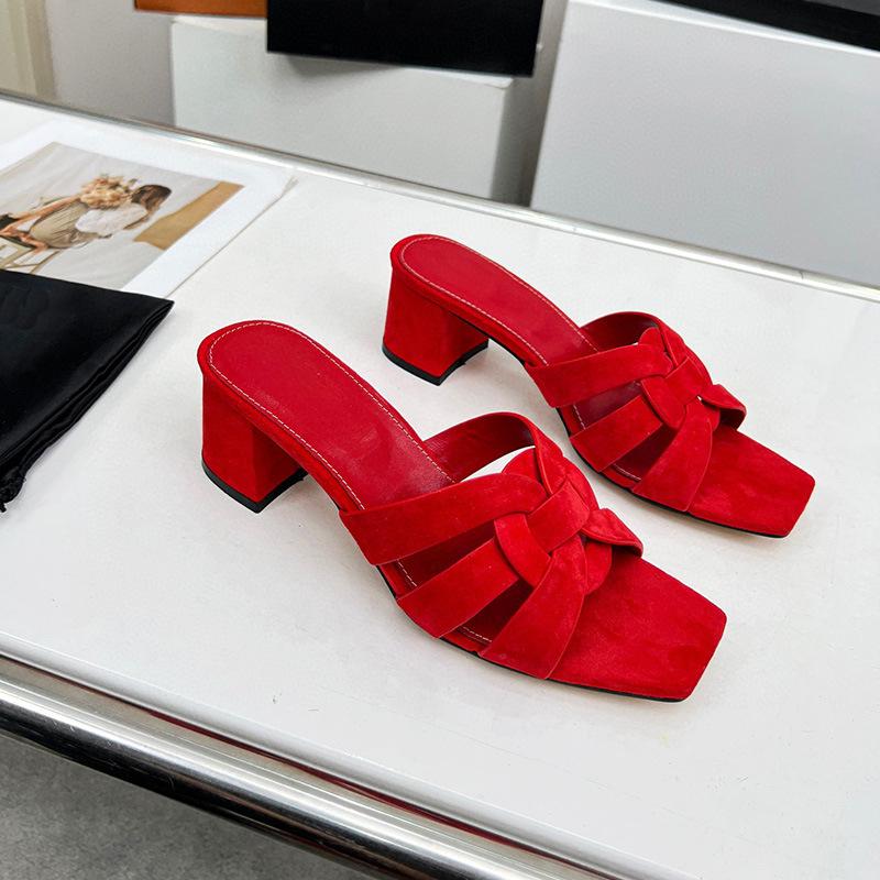 Fashion Summer Sandals, Women's Large-sized Flat One-line Square Toe Casual Hollow Beach Shoes, High-end Velvet Slippers T50