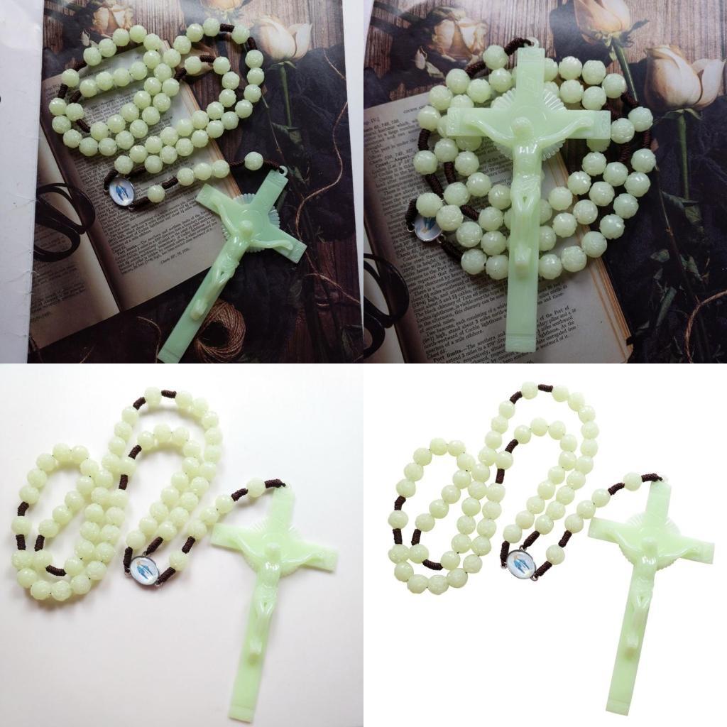 A52E Luminous Rosary Green Beads Necklace Catholic Rosary Beads with Natural Stone Crucifix Religious Jewelry for Women Men China Mainland