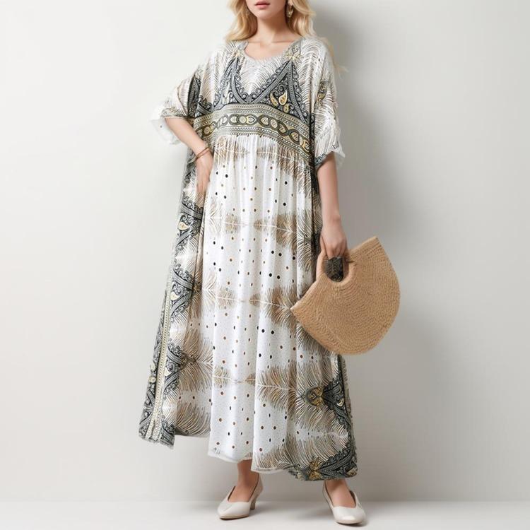 Neues Sommerliches Blumen-Maxikleid für Damen Übergröße Vintage-Stil Locker O-Ausschnitt Kurzarm Urlaubs-Kleid