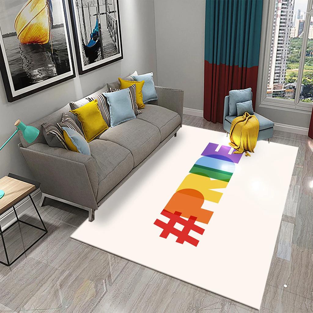 Pride Rainbow Carpet LGBT Themed Rug Colorful Love Heart Print Area Rugs for Adult Yoga Mats Living Room Black Flat Mat Doormat