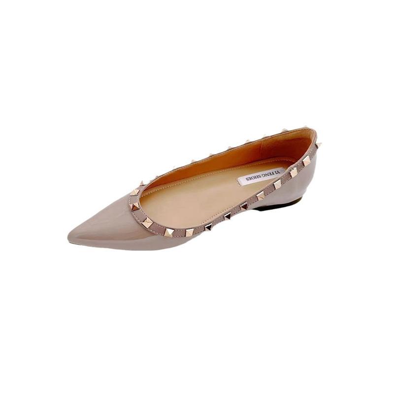 Shallow Mouth 3 Cm Rivet Nude Pointed Soft Patent Leather French Temperament Single Shoes Women's Versatile Commuter Women's Shoes