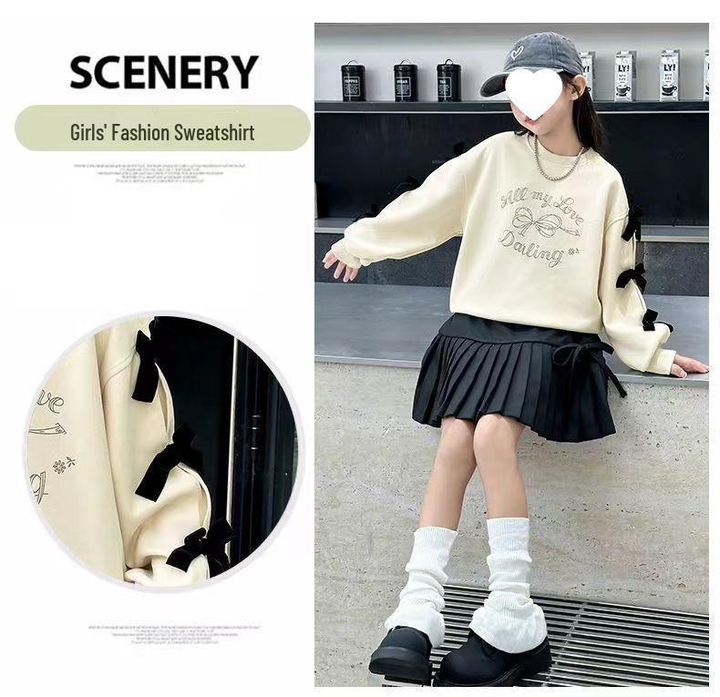 Girls' Bow Sweatshirt - 2025 Autumn, Chic Loose Fit, Korean Style Long Sleeve Top for Spring/Fall.