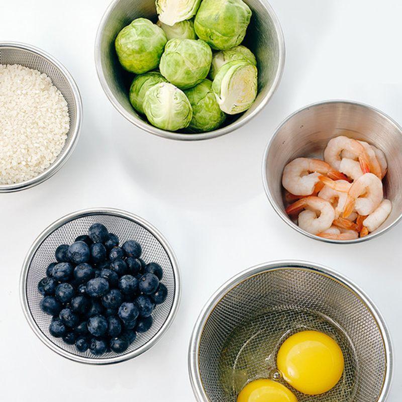 Wiedergeboren. J Edelstahl Neu Mini Schüssel Sieb Set von 2 / Obst Gemüse Korb Sieb Rührschüssel