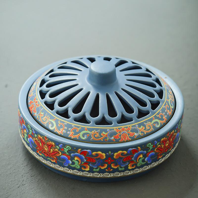 Ceramiczny kadzielnica Censer Uchwyt na kadzidła w krążkach i patyczkach Piec Dekoracja herbaciarni Emaliowany wzór lotosu Kryty piec na kadzidła stożkowe