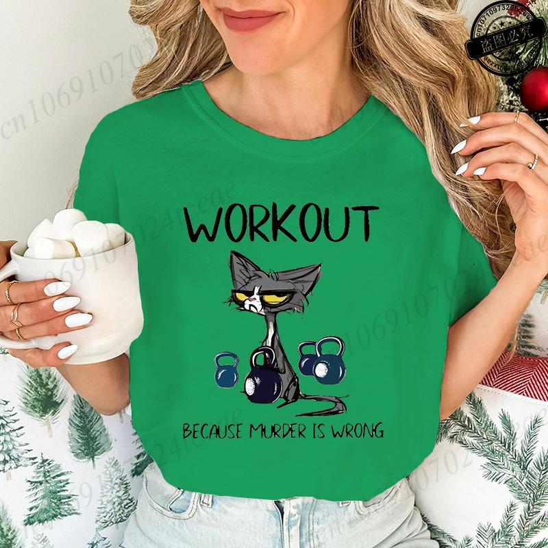 Women's Casual T-Shirts Graphic Tee BLACK CAT WORKOUT BECAUSE MURDER IS WRONG Print T-Shirts Casual Tee Comfortable Clothes