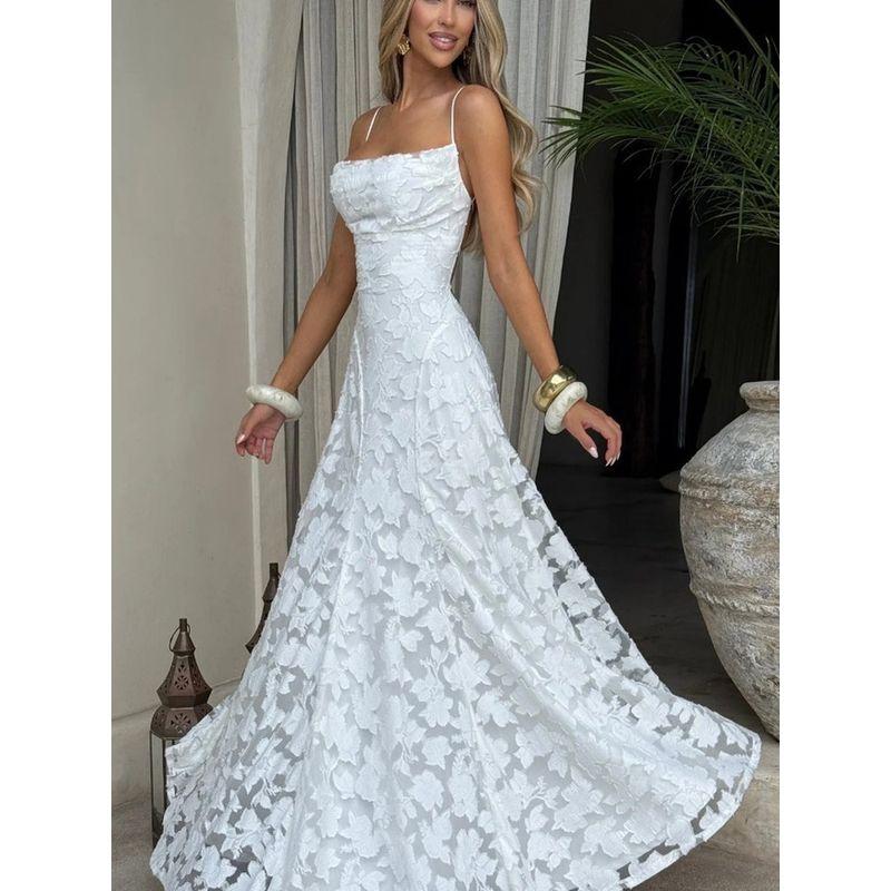 Paris Banquet French Style Advanced Romantic Style Backless Lace Jacquard Temperament Sexy Sling Formal Dress Dress