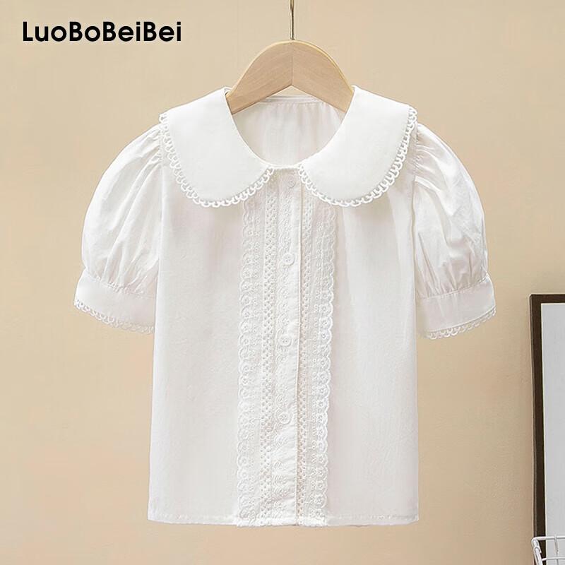 LUOBOBEIBEI Girls' White Blouse with Lace Trim, Versatile Japanese-Style Sweet Doll Collar Short-Sleeve Top, White, Size 130