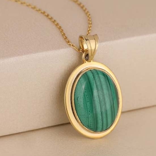 Malachite Oval Gemstone Necklace, Solid 925 Sterling Silver, Yellow Gold Necklace, Handmade Jewelry, Designer Necklace