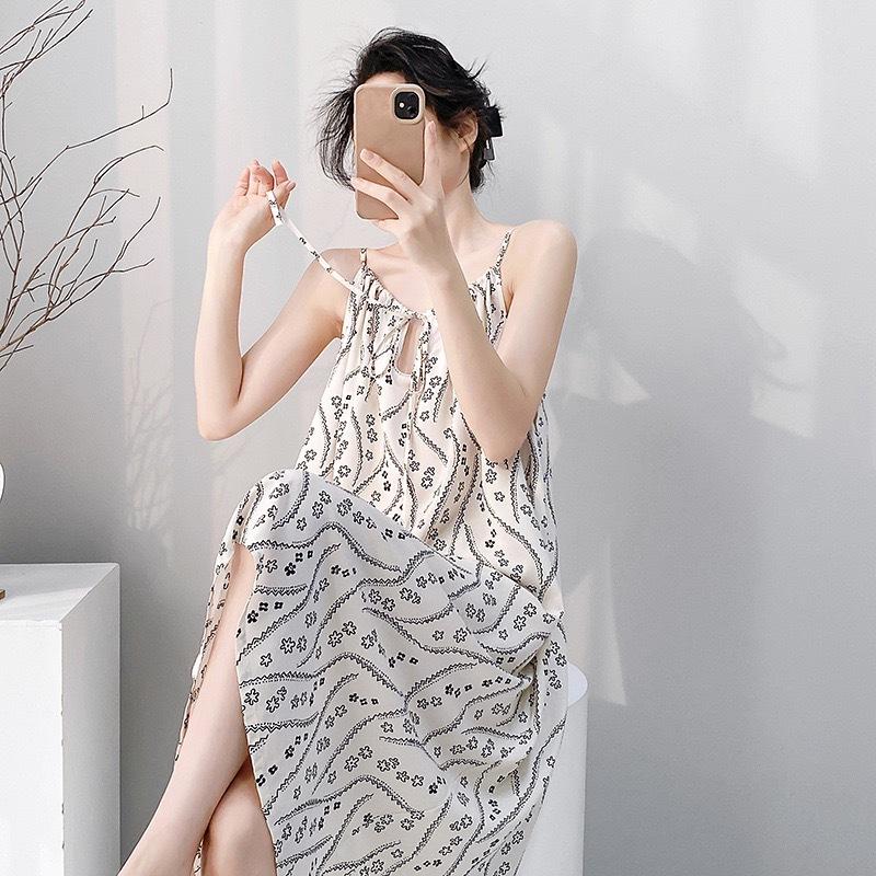 Suspender nightgown women's summer sexy long can wear cotton silk pajamas spring and autumn thin high-end loungewear