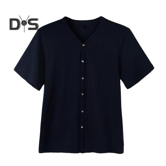 

Мужская футболка на пуговицах, однотонная футболка с V-образным вырезом и коротким рукавом, летняя повседневная дышащая футболка для повседневной носки на улице L темно-синий