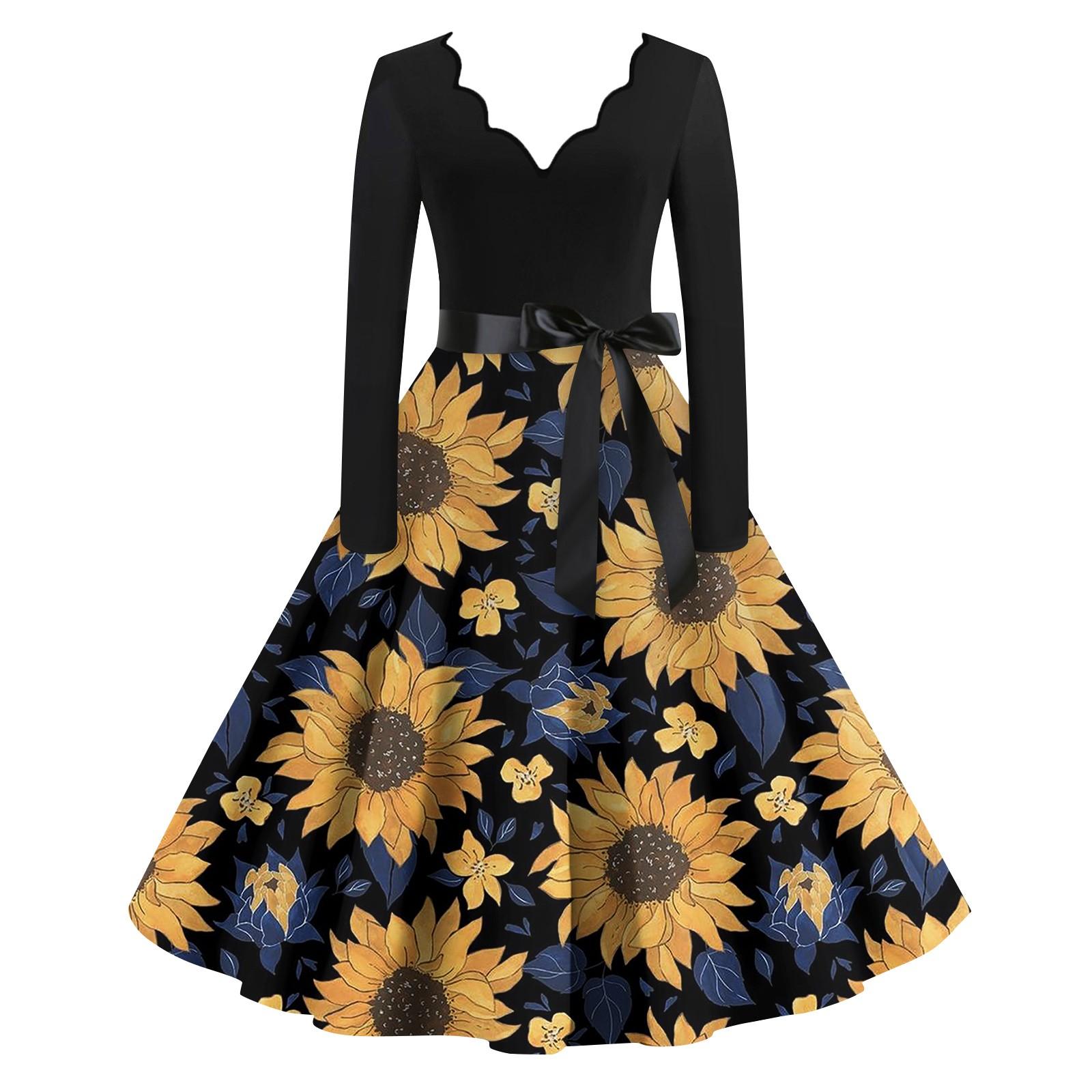 

Жіноча повсякденна мода з довгим рукавом ретро графічний принт вінтажна довга сукня осінь XXL