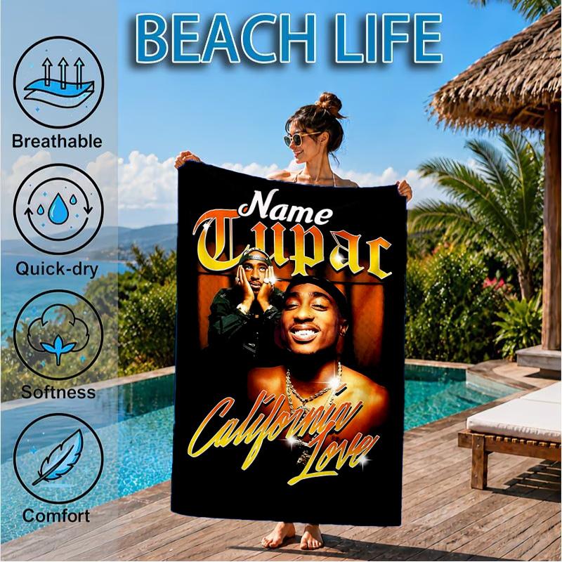 Custom Name Rap Legend Tupac Heart In Space Adventure Microfiber Beach Towel, Lightweight for Summer Travel, Swimming Pool Fan Gift