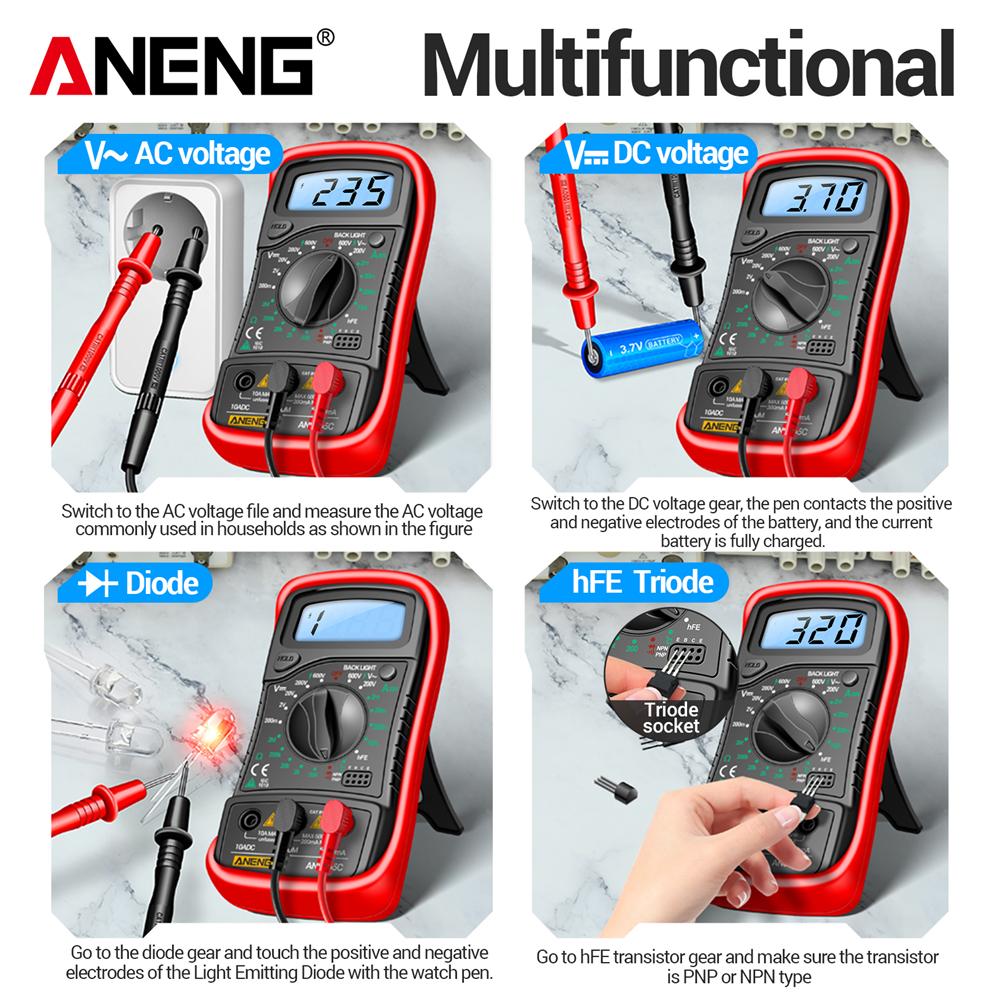 Digital Multimeters 1999 Counts 600V AC/DC Voltage Temp Test for Car Repair Backlight hFE Triode DIY Test Tool ANENG AN8205C