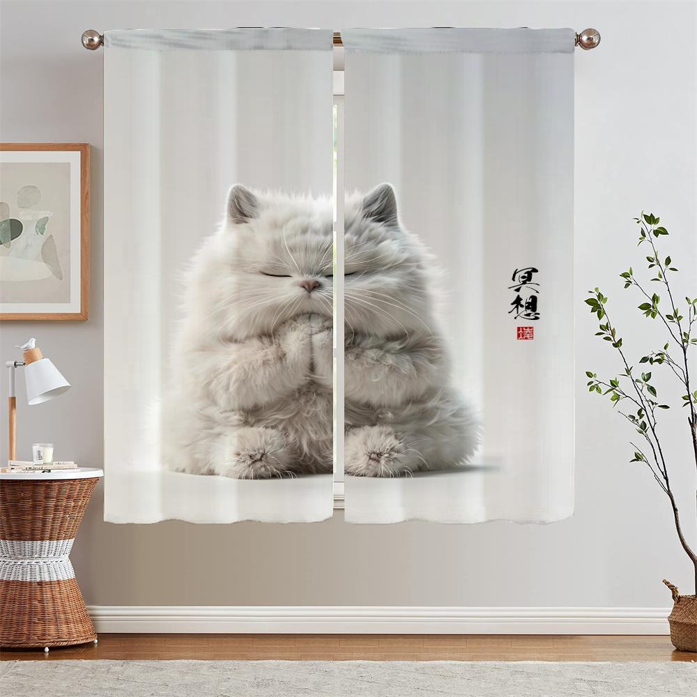 Curtains for Kitchen Curtains 2 Pieces Window Meditation Cat Cabinets for Living Room Decoration Fabric Curtain Tiebacks Blind