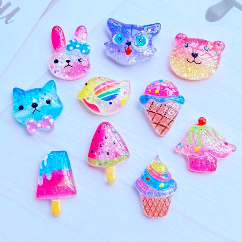 10/20 Peças Fofas Mini Brilhante Desenho Animado Animais/Sorvete Costas Planas Resina Scrapbooking DIY Joias Artesanato Decoração Acessórios G69