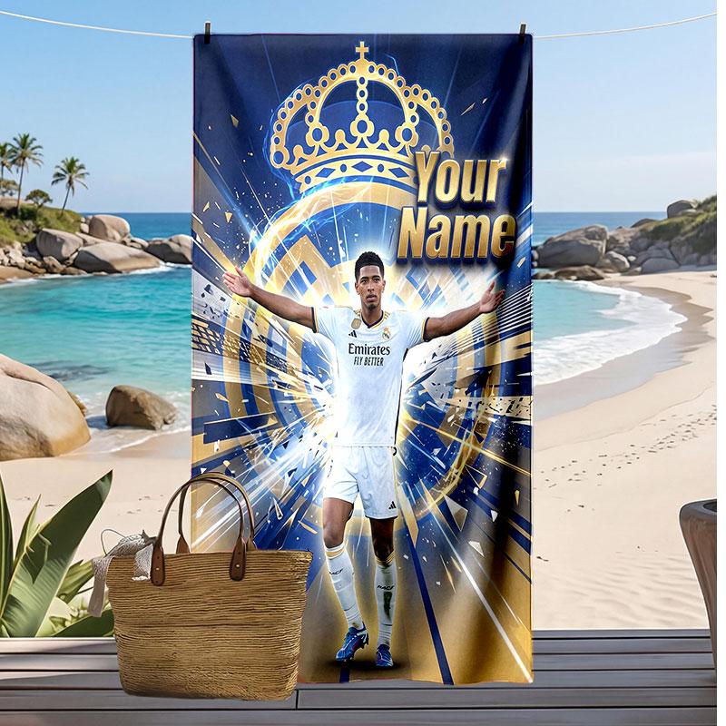Asciugamano da Spiaggia Personalizzato Stampato Jude Bellingham Logo Calcio Supporto Nome Personalizzato Testo Asciugamano Assorbente Per Sport Viaggio Regalo Speciale