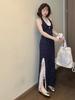 Korean lace splicing floral suspender dress for women's new small man pinching waist and looking thin hanging neck long skirt
