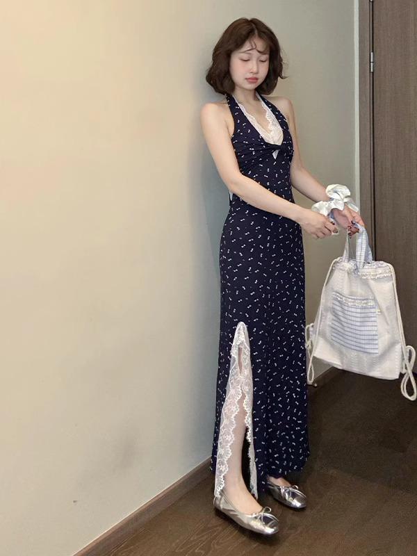 Korean lace splicing floral suspender dress for women's new small man pinching waist and looking thin hanging neck long skirt
