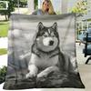 1pc Large Gray Wolf Print Flannel Blanket Soft & Warm AllSeason Bedspread, Black & White Wolf Design with Siberian Husky Face & Wolf Howling At Mounta