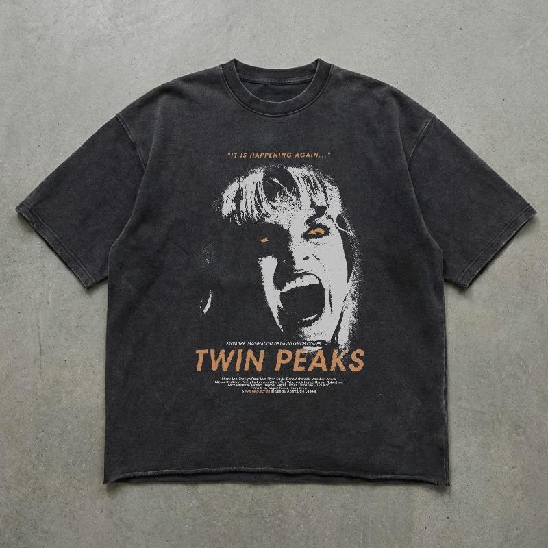 

Men s Retro Twin Peaks Town Pattern T-shirt Classic TV Drama Casual Loose Large Washed T-shirt Summer New Style Unisex M