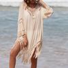 Hand-Crocheted Tassel Collar Cover-Up: Mid-Length Sleeves, Patchwork Design, Flowy, Breathable, Sun Protection.