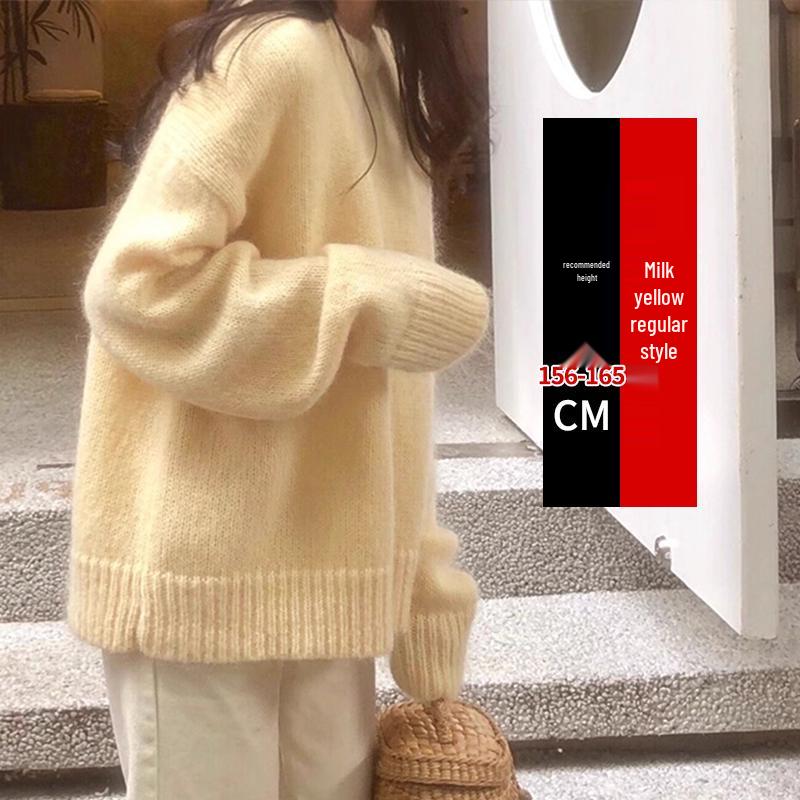 Mléčně žlutý mohérový volný pletený svetr - Dámský jarní/letní petite líný styl, silný kulatý výstřih, pulovr