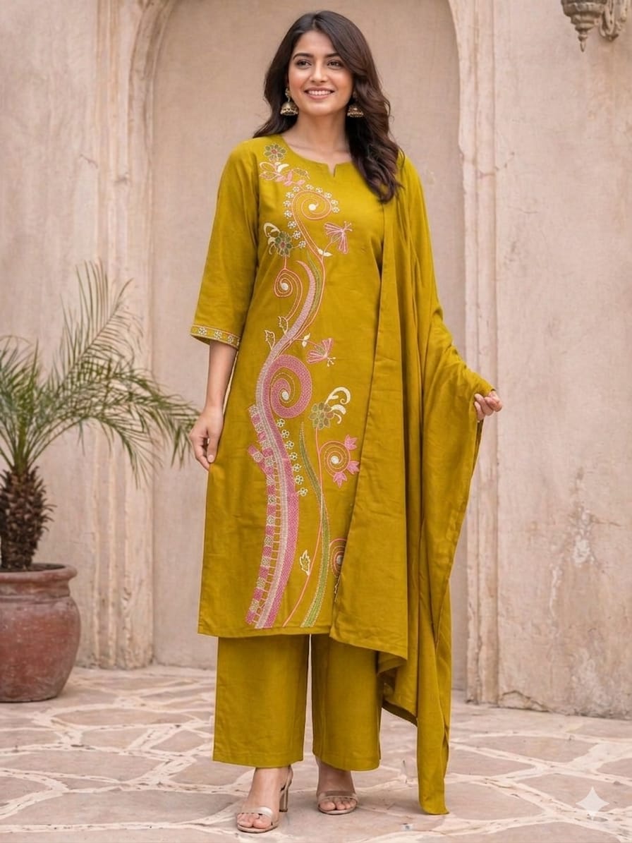 Women Designer Kurta Pant Dupatta Set Indian Bollywood Top Tunic Kurti Salwar Suit M жёлтый