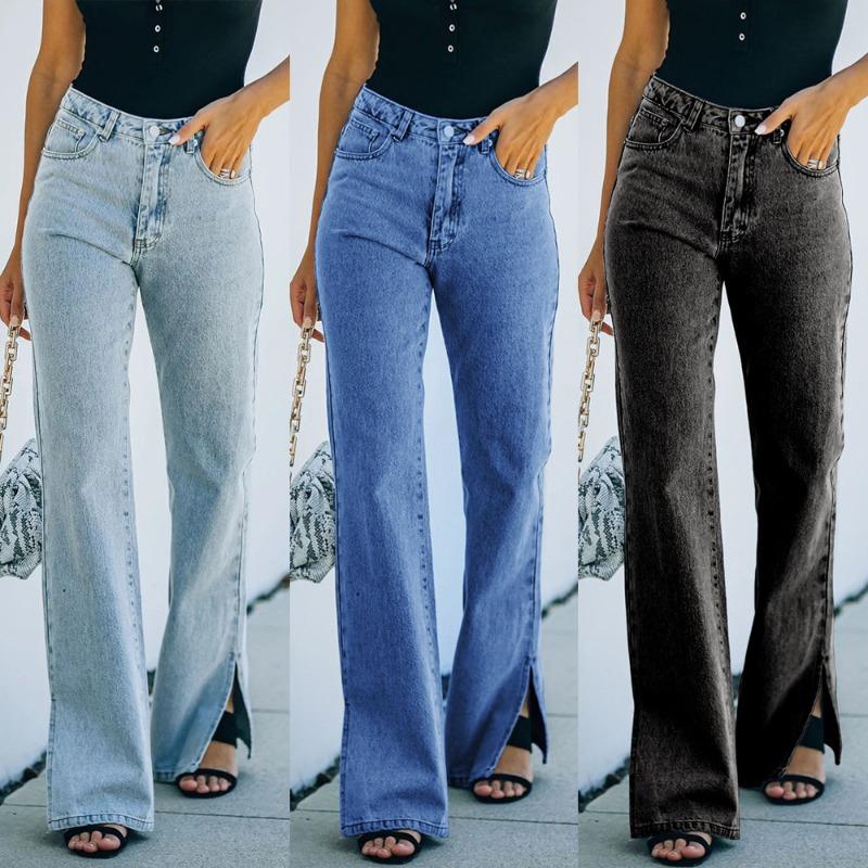 Mittelhoch Geschlitzt Gewaschen Gerade Lässig Jeans Langhosen