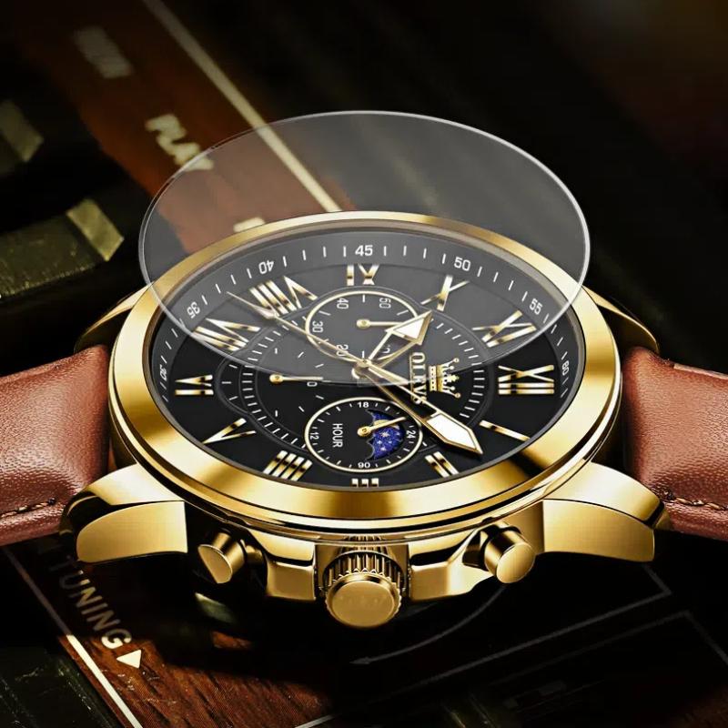 Men's Sports Timing Waterproof Luminous Moon Phase Quartz Watch Three Eye Dial Holiday Gift Business Watch